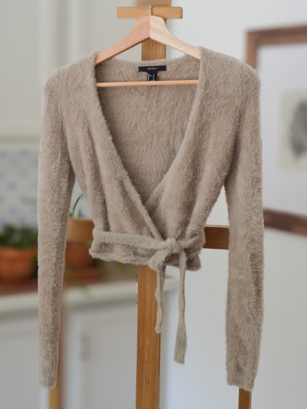 Fuzzy Eyelash Knit Wrap Cardigan Sweater Taupe Beige